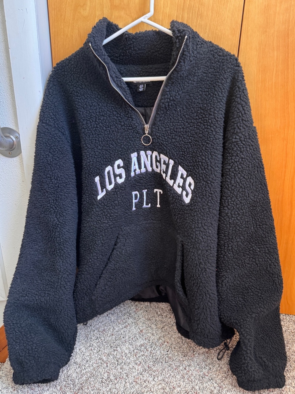 Prettylittlething Black Sherpa Lined Graphic Front Teddy Jacket Oversized SZ 8